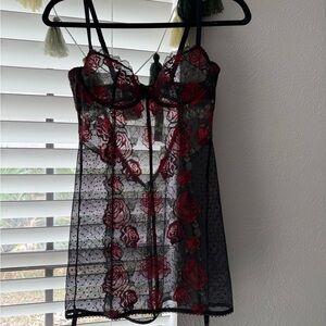 Savage X Fenty Black and Red Rose Lace Chemise